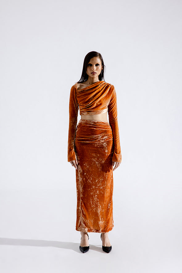 Clara Silk Velvet Skirt in Caramel