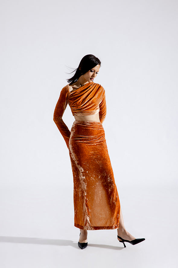 Clara Silk Velvet Skirt in Caramel