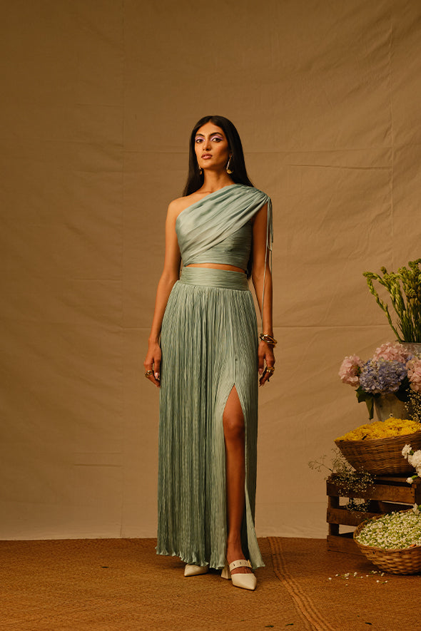 Duckegg Blue pastel top with ruching details and adjustable sleeves with drawstrings from Aroka.