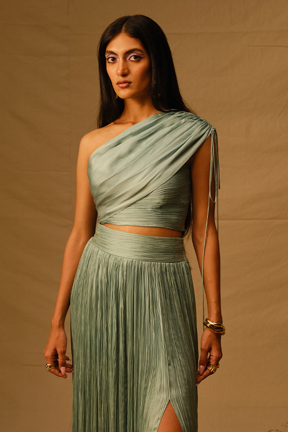 Duckegg Blue pastel top with ruching details and adjustable sleeves with drawstrings from Aroka.