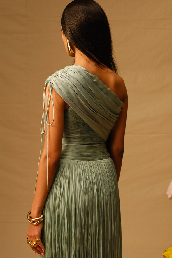 Duckegg Blue pastel top with ruching details and adjustable sleeves with drawstrings from Aroka.
