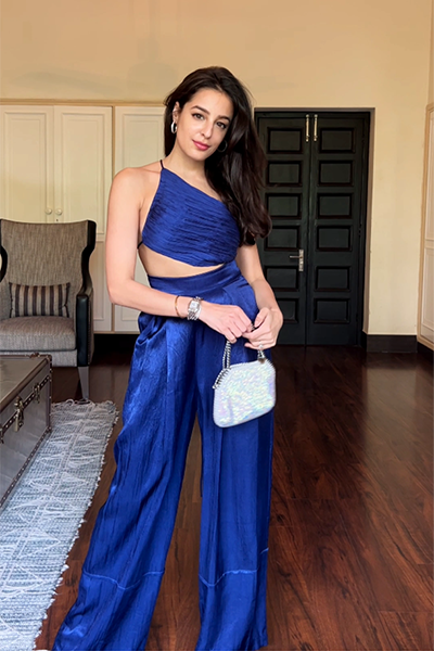 Blue ruched modal satin crop top from Aroka.