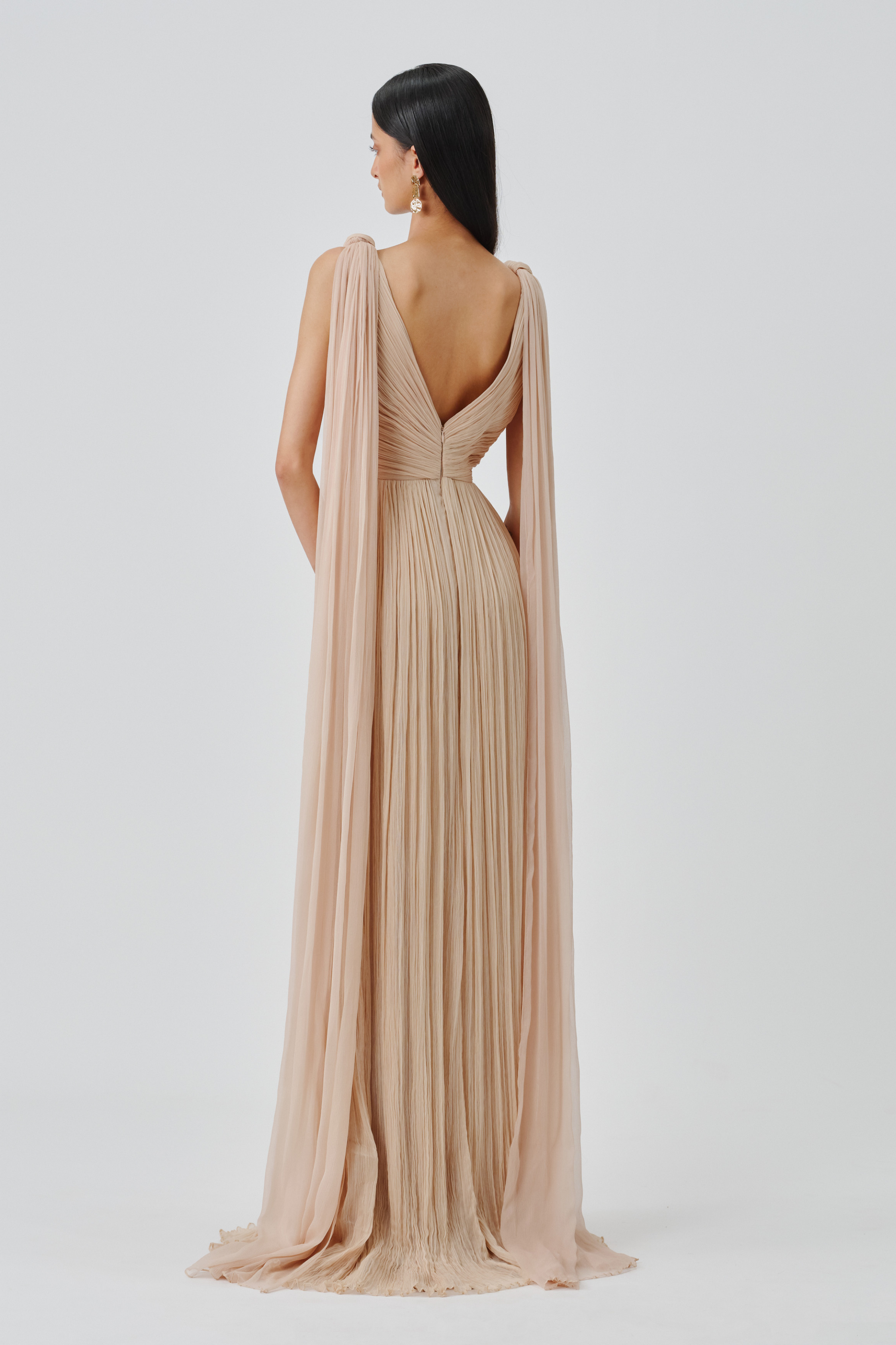 Full back view of athena ruched gown