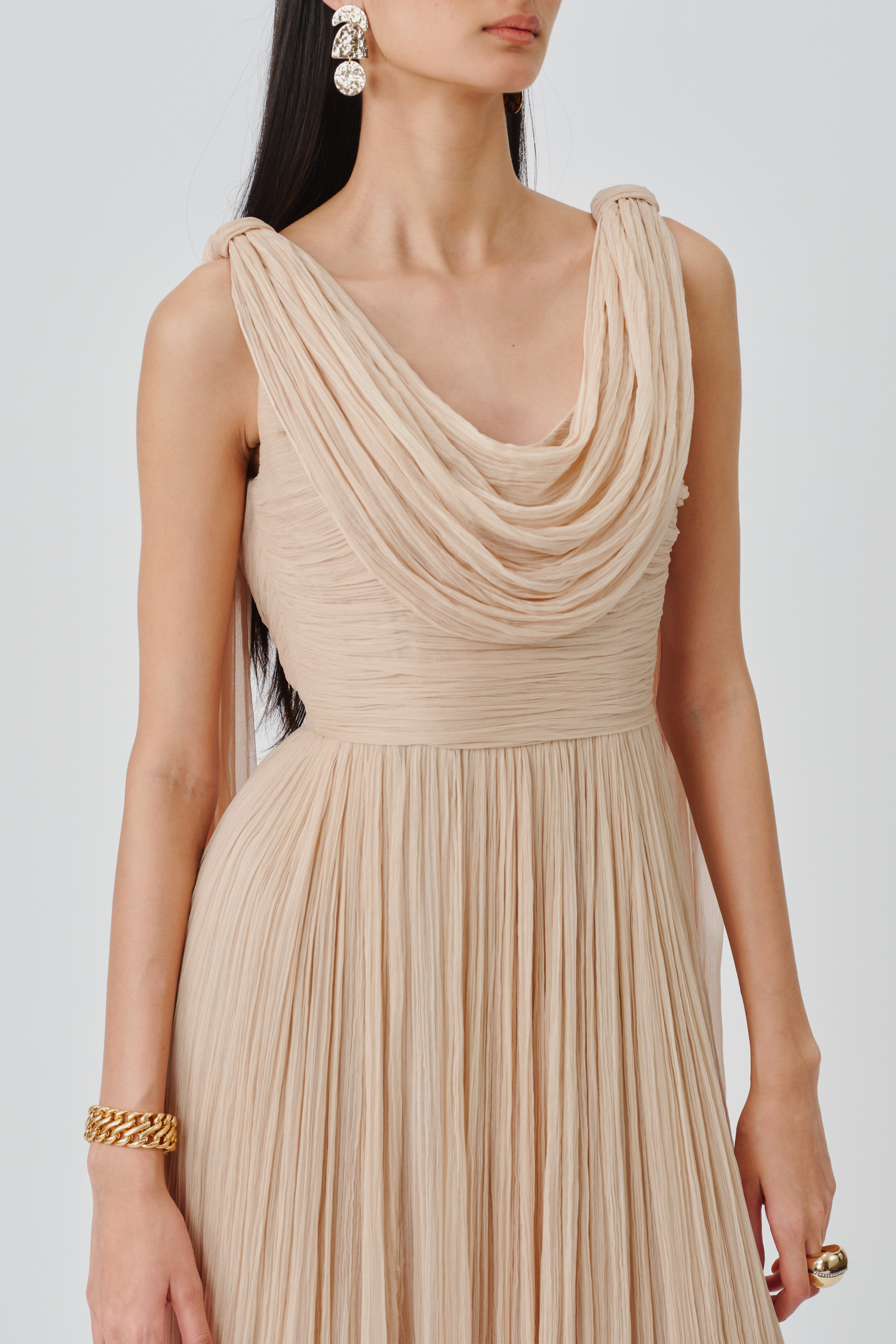 Close up front view of athena ruched gown