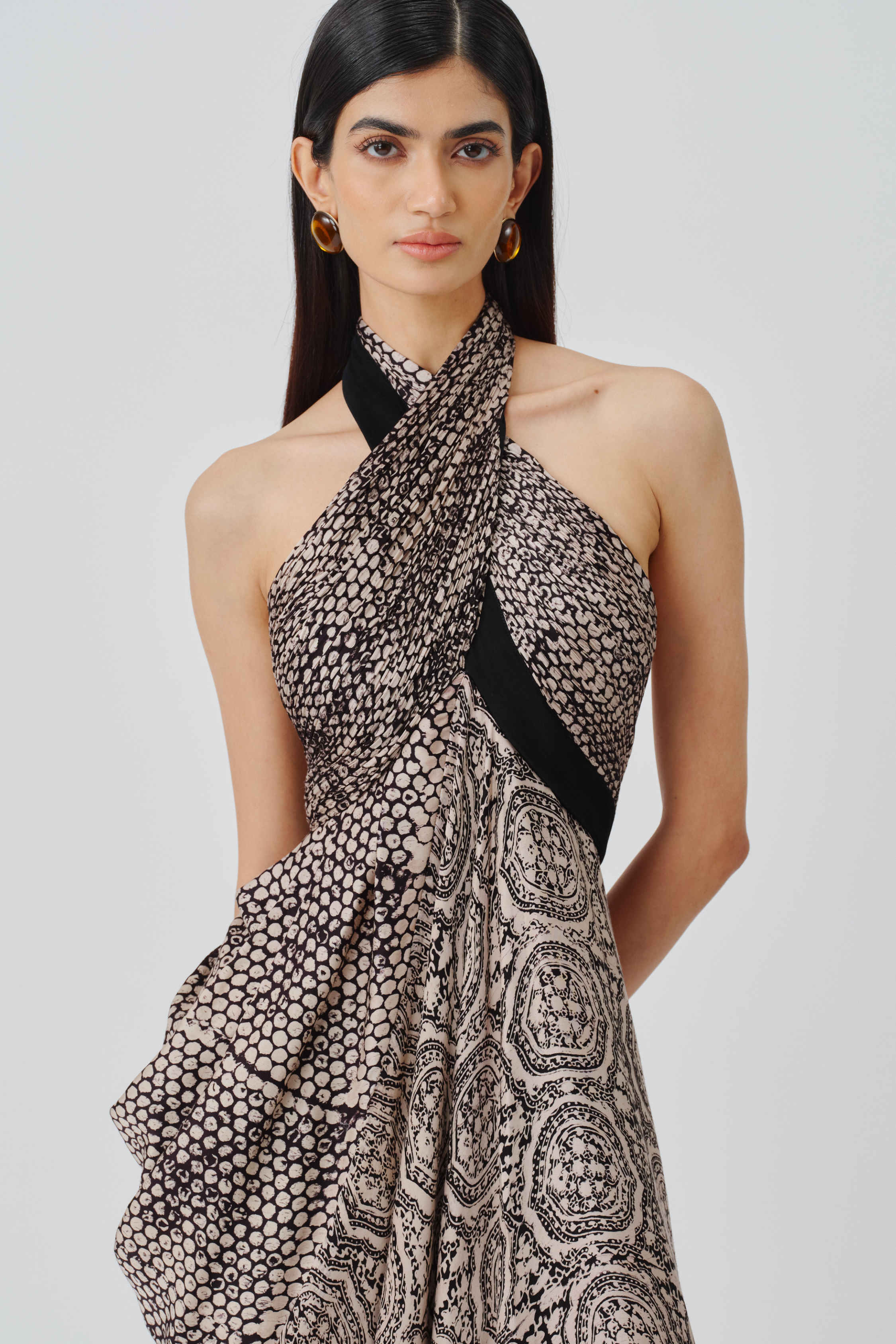 Neckline view of aveline halter gown