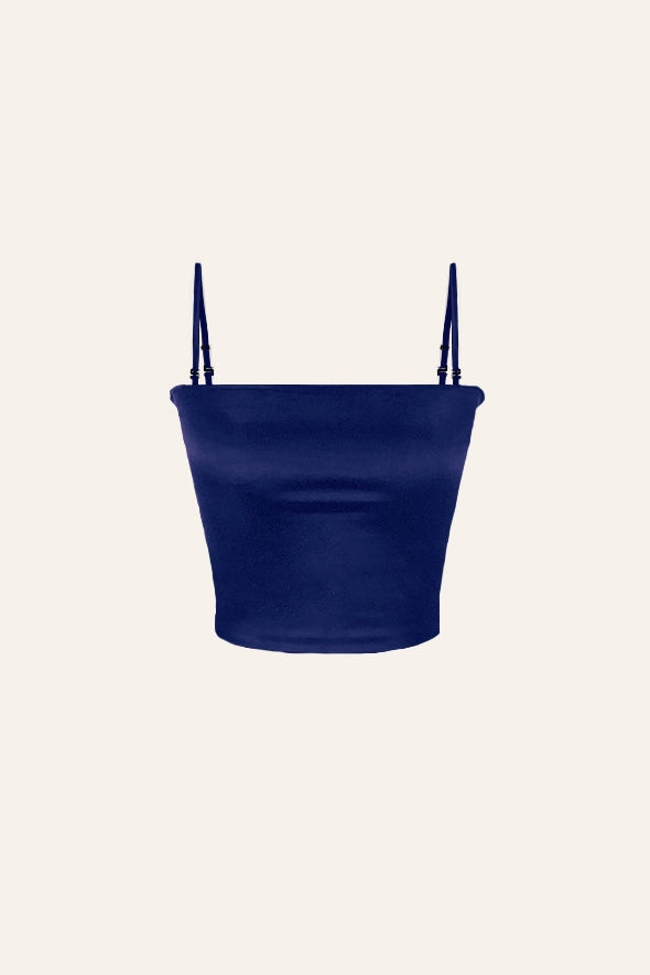 Viscose lycra satin tube top with detachable strap in blue from Aroka.