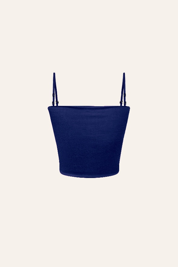 Viscose lycra satin tube top with detachable strap in blue from Aroka.