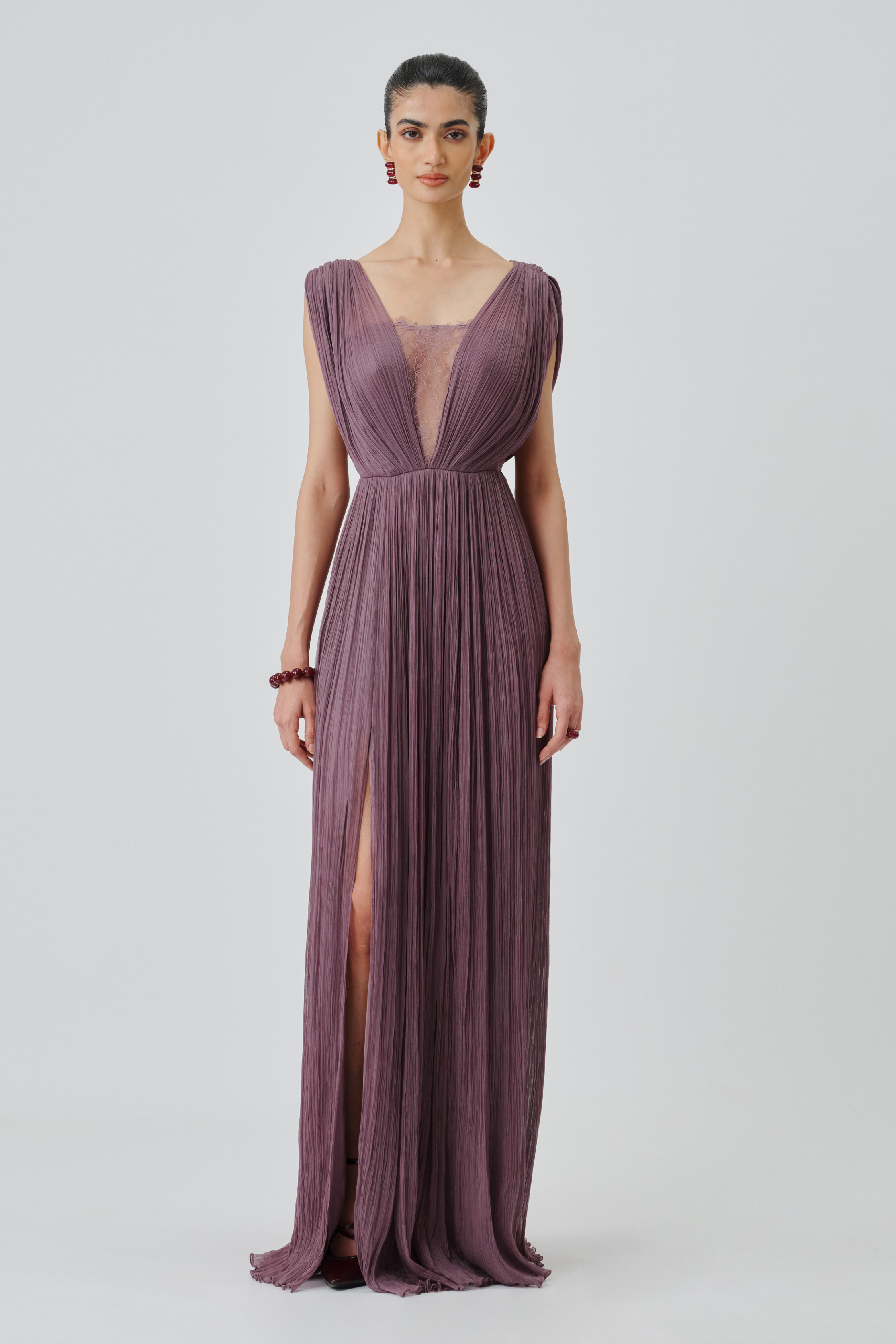 Model wearing bellflower gown, showcasing the full view