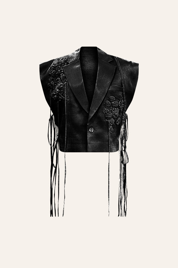 Black Floral Embroidered Bib with tie-up strings for Cocktail Party from Aroka.
