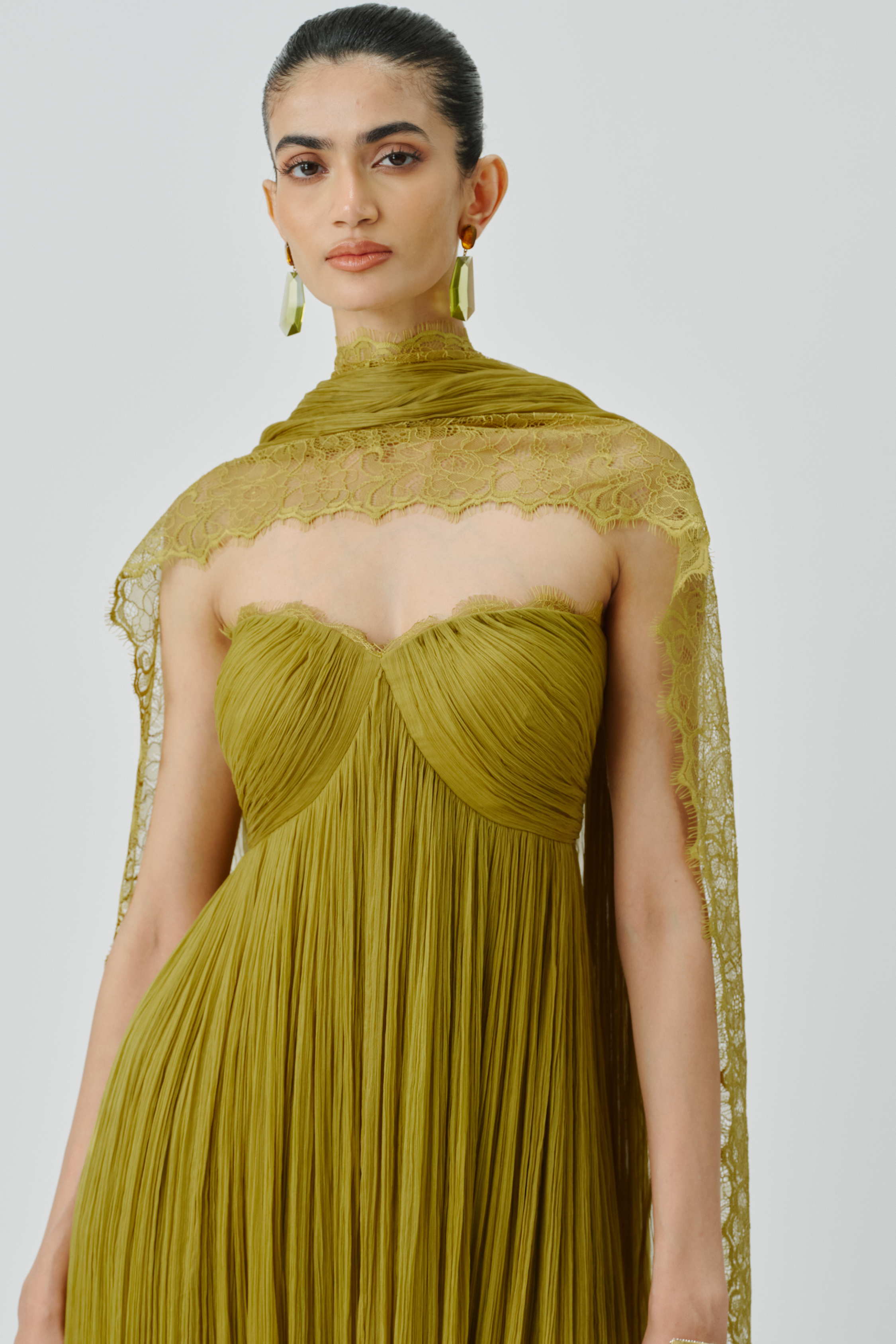 Front close up view of chartuse dress
