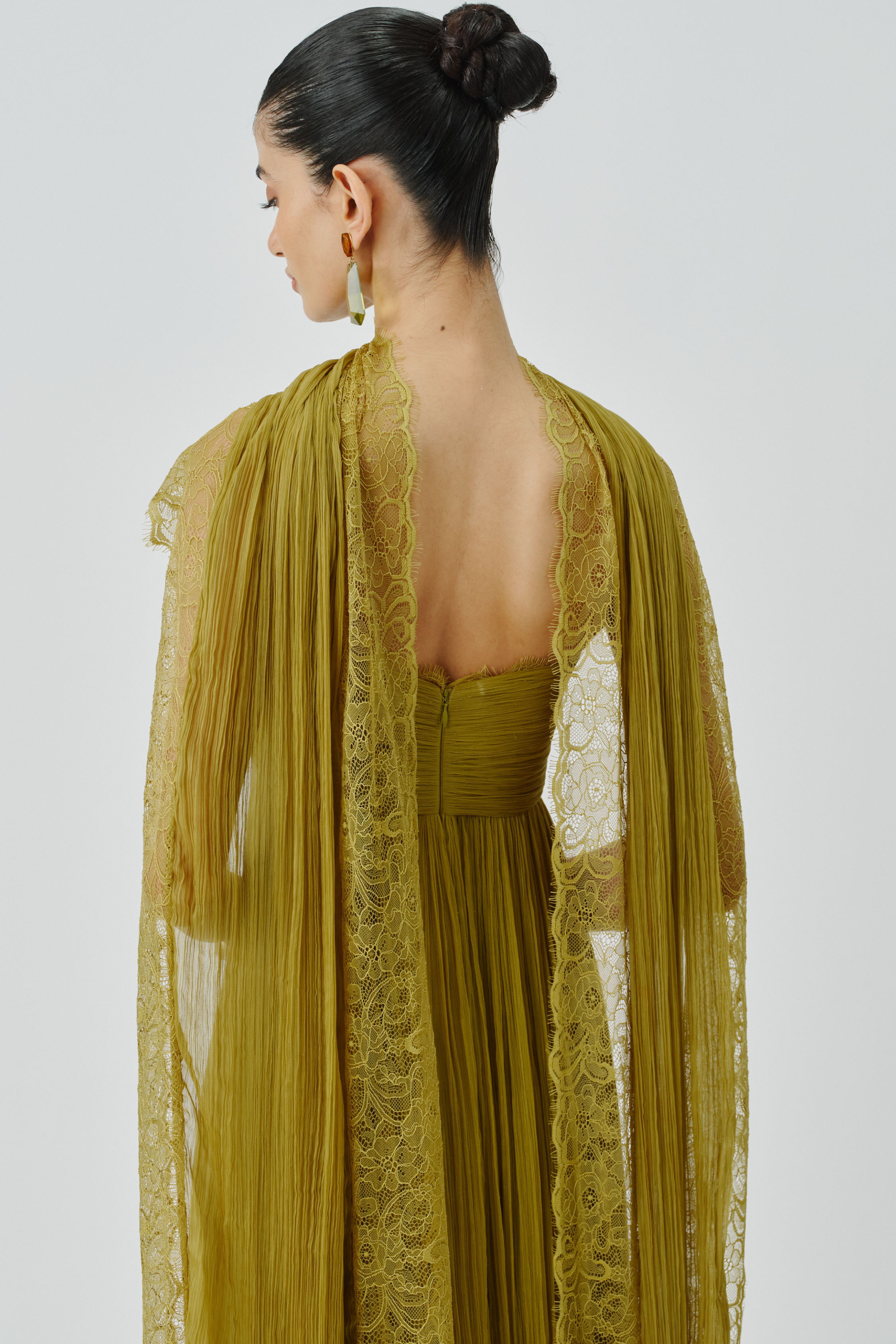 Back close up view of chartuse dress