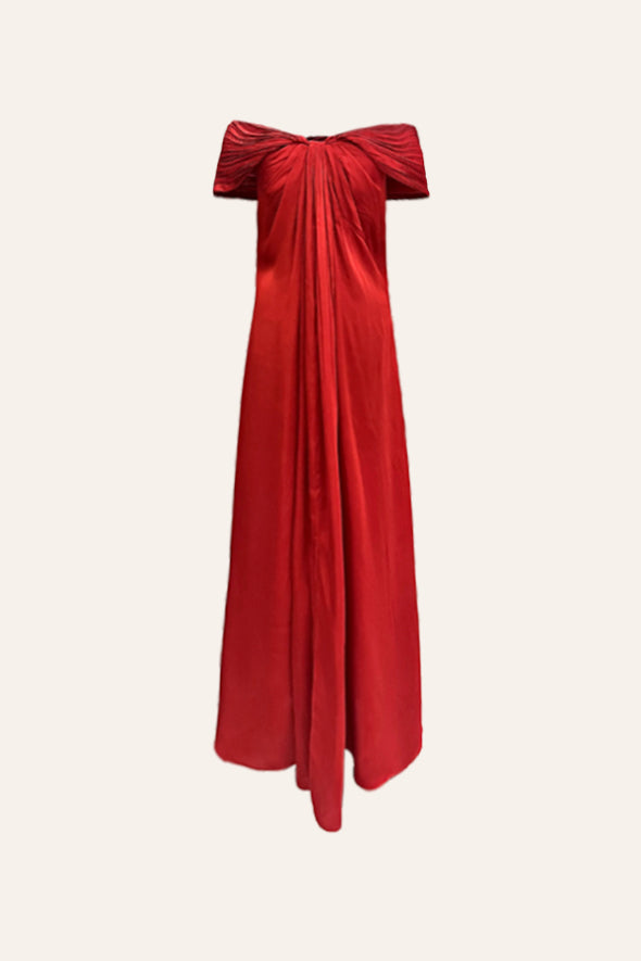 Red off-shoulder dress with back zip- modal satin dress from Aroka