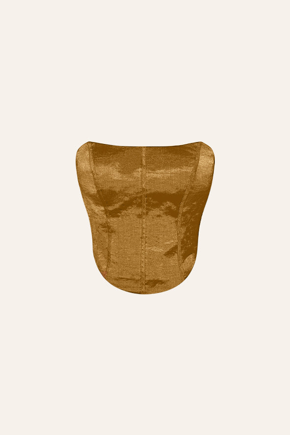 Aroka Gold zari corset, crafted from Handwoven Zari tissue for elegant cocktail events.