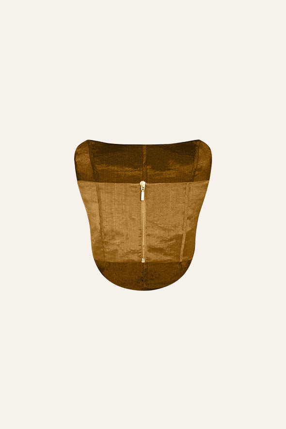 Aroka Gold zari corset, crafted from Handwoven Zari tissue for elegant cocktail events.