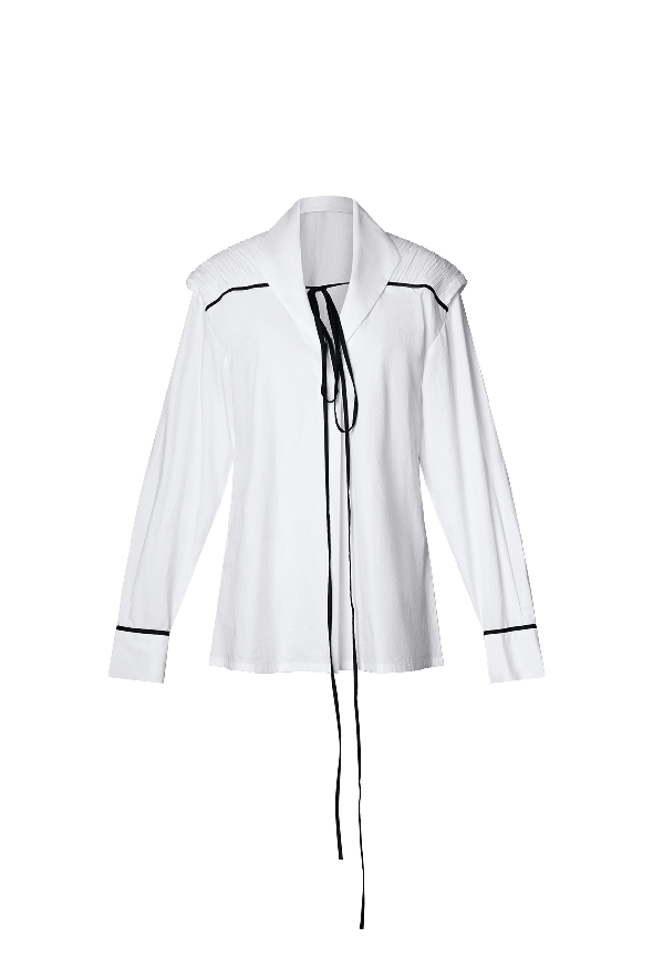 White poplin shirt with ruched yoke and neck tie-up