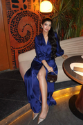 Modal satin draped dress in blue with twisted drape from Aroka