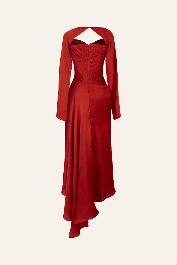 Modal Satin Red ruched drape dress full sleeve from Aroka