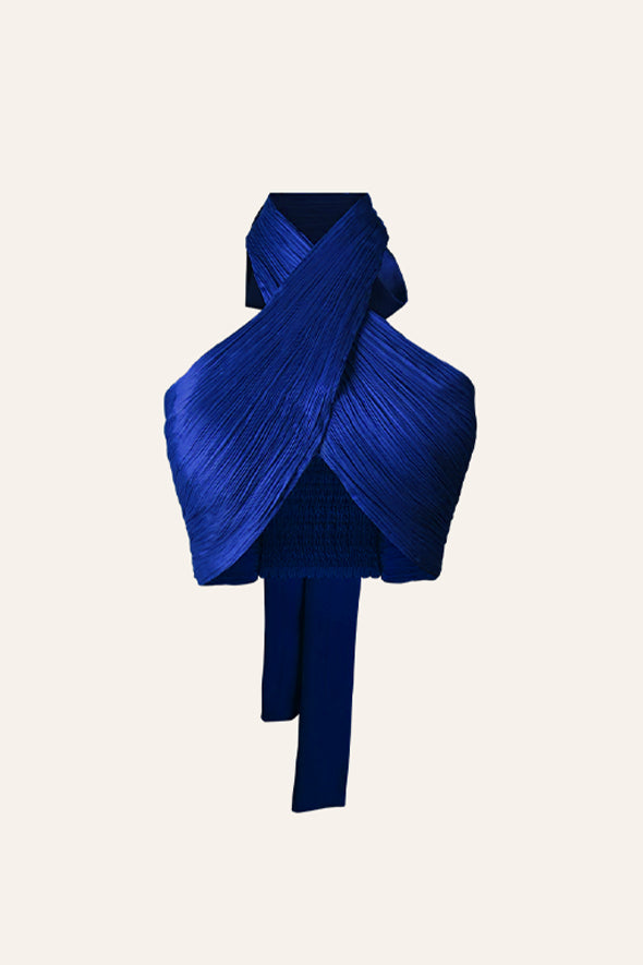 Handmade with modal satin fabric halter neck drape top in blue from Aroka.