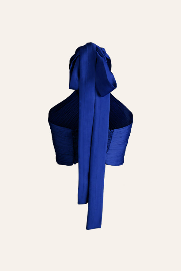 Handmade with modal satin fabric halter neck drape top in blue from Aroka.