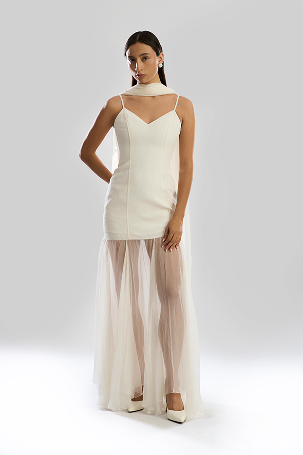 Women's Ivory Dress with Scarf, Ivory Mirage Dress by Aroka.