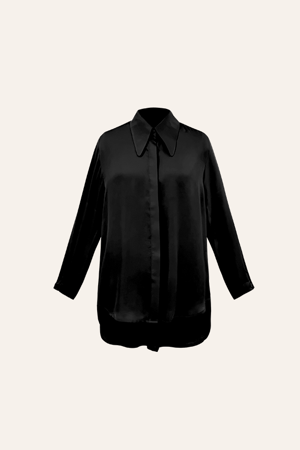 Full-sleeve black modal satin shirt featuring a high-low hem with an apple cut from Aroka.