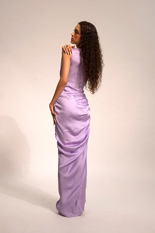 Lavender Cowl neck dress with drawstring details at bottom by Aroka.