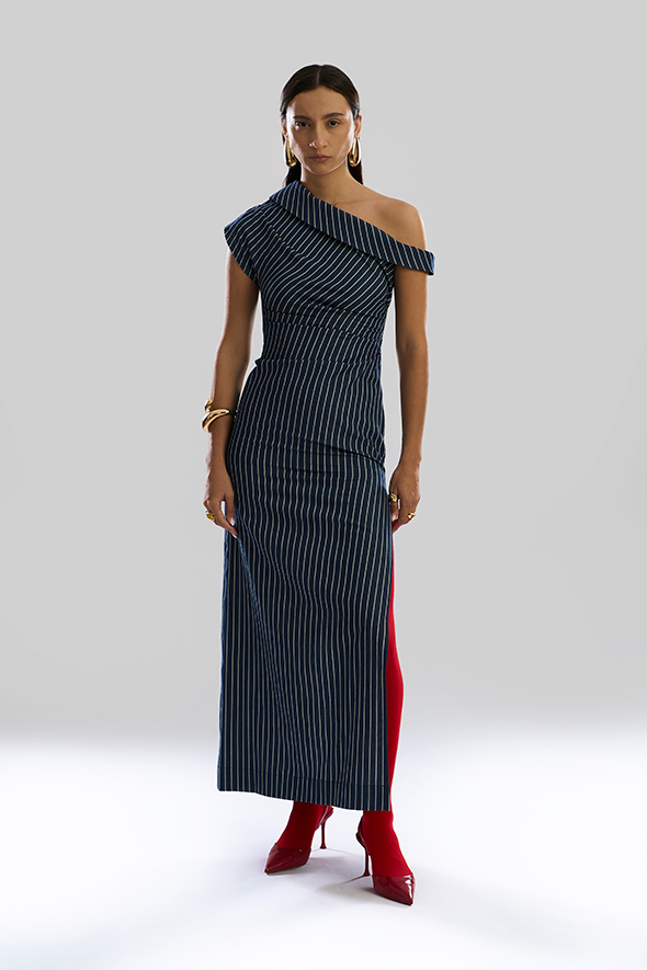 Formal Linear Shift - One Shoulder Denim Dress by Aroka.