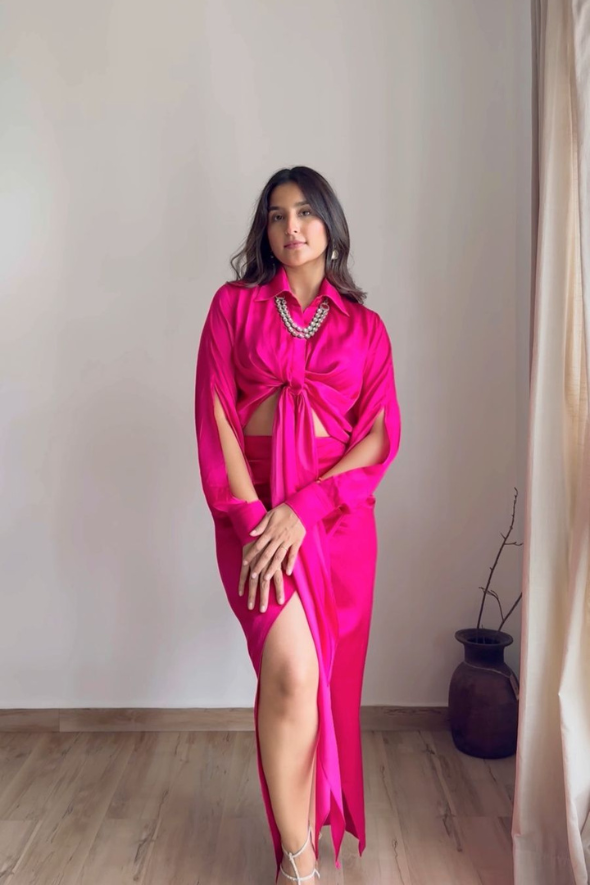 Modal satin shirt with waist tie-up with overlap skirt from Aroka.