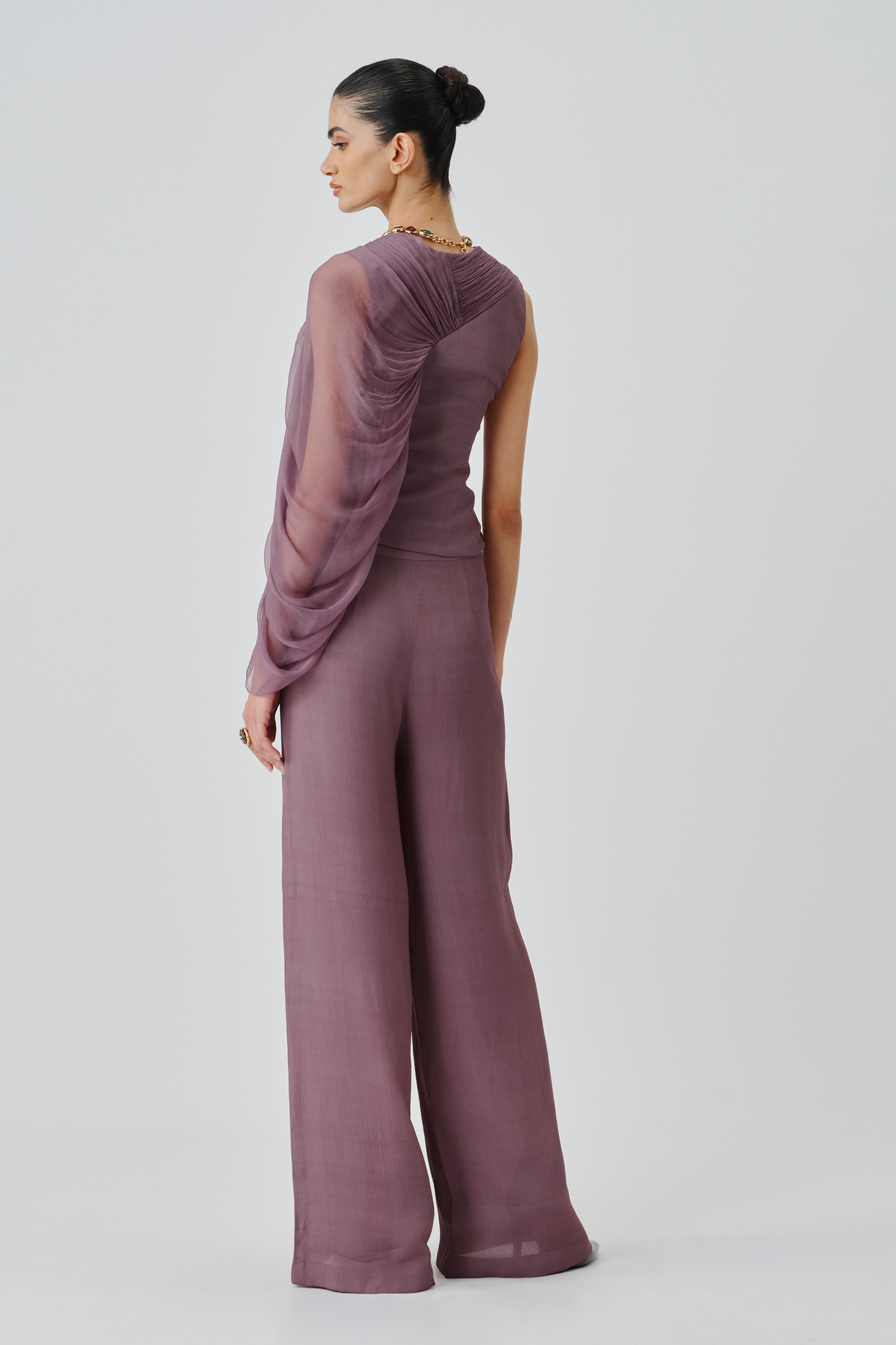 back view of mauve ruched top
