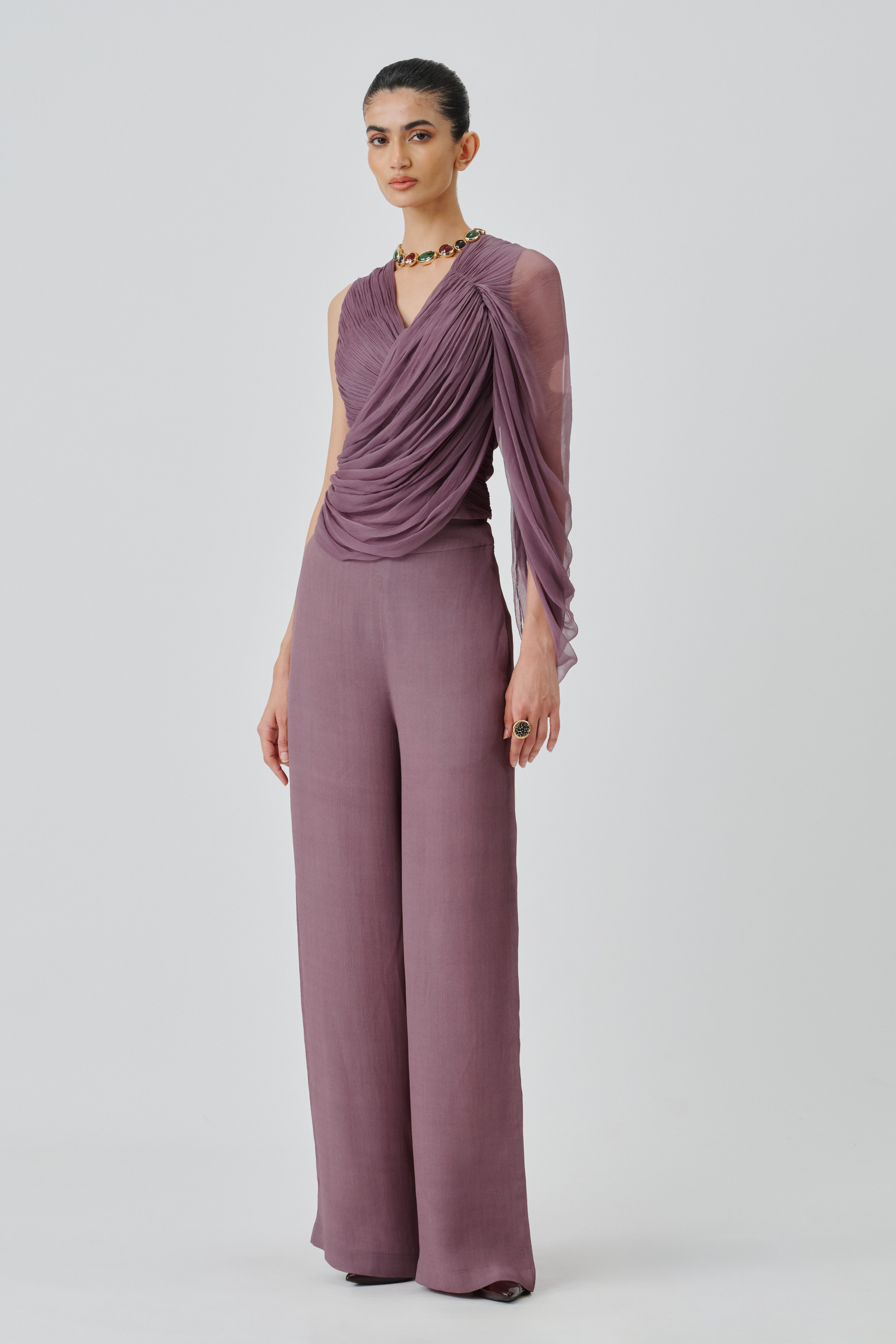 Front view of mauve ruched top