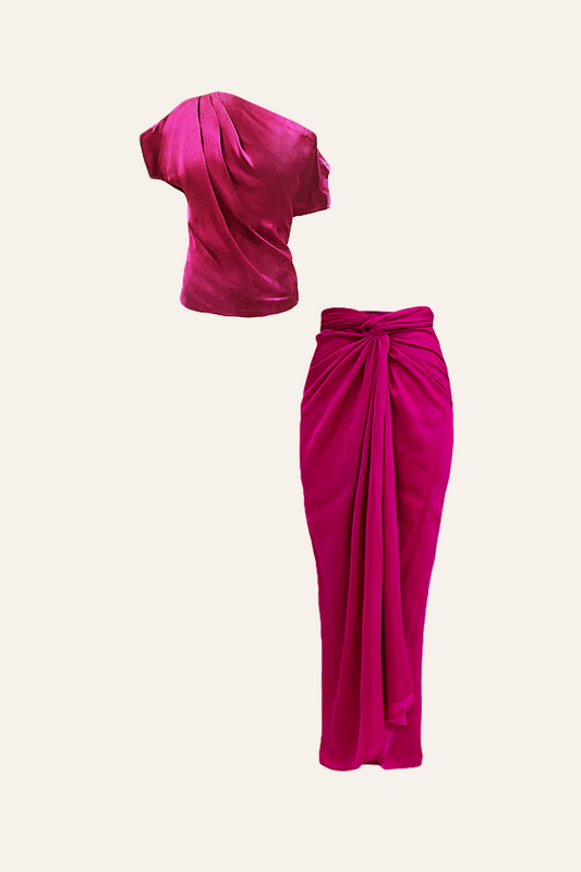 Off-shoulder cowl drape with draped skirt and sarong in pink from Aroka.