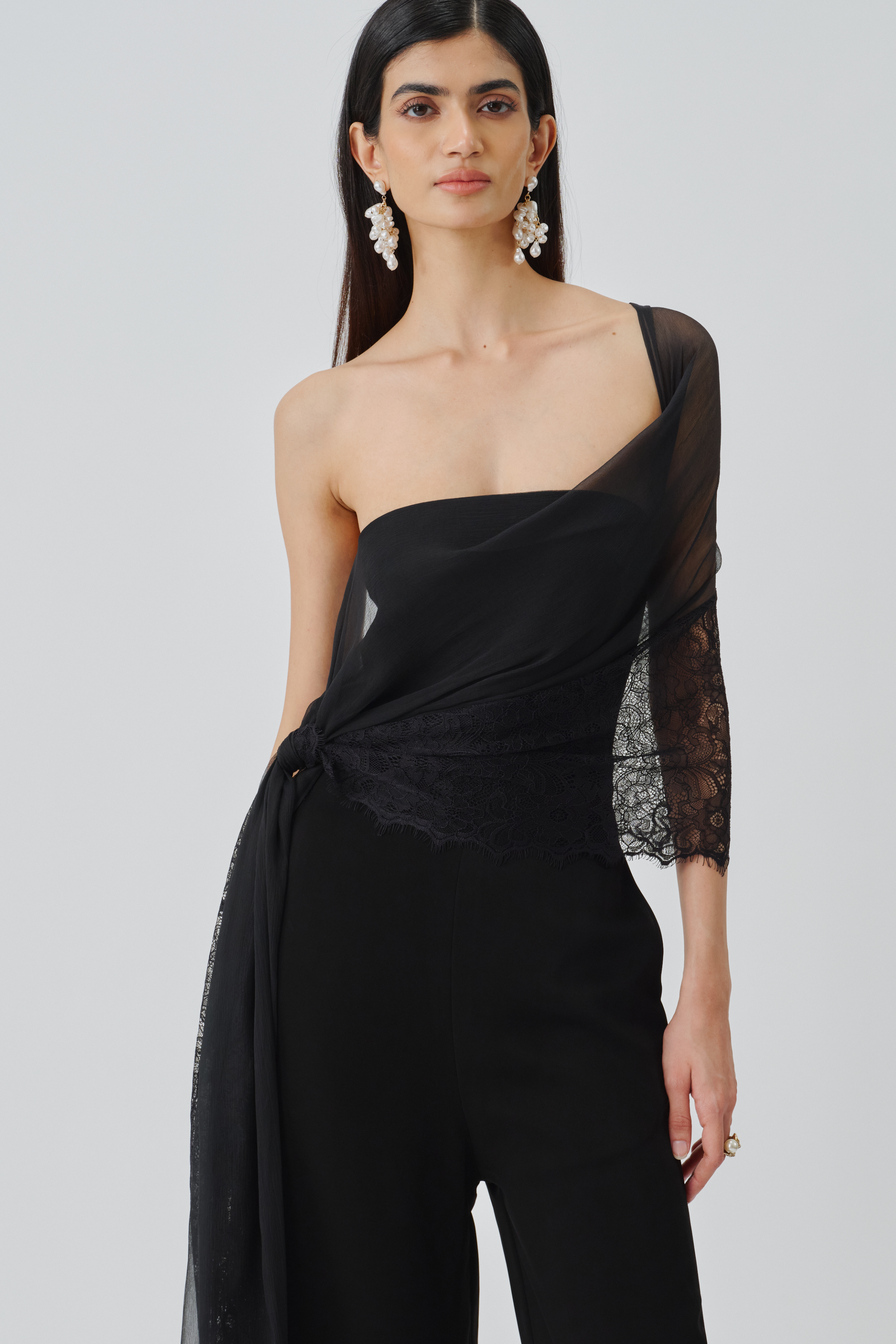 Front close up top view of midnight veil jumpsuit