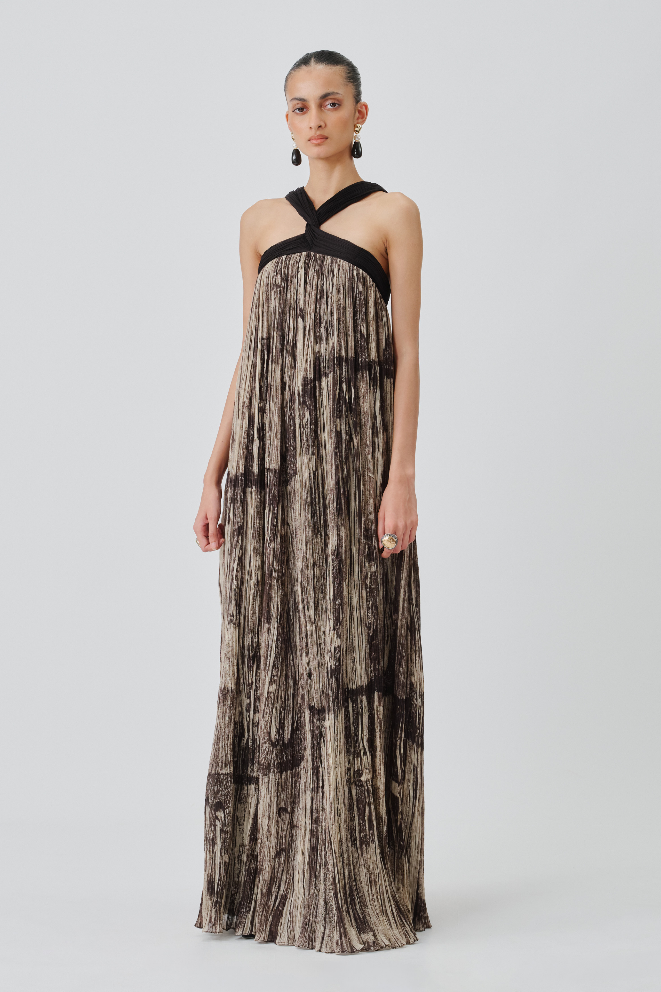 Model wearing dusk mulmul dress, showcasing the full view