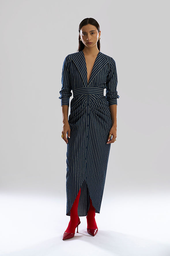 Long Formal Dresses: Offset Denim Stripe Dress by Aroka.