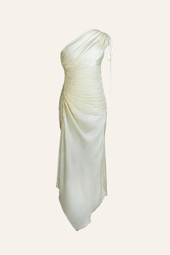 White Rosie dress-Ivory Ruched and Draped One-Shoulder Satin Dress from Aroka