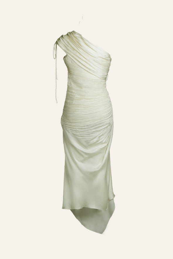 White Rosie dress-Ivory Ruched and Draped One-Shoulder Satin Dress from Aroka