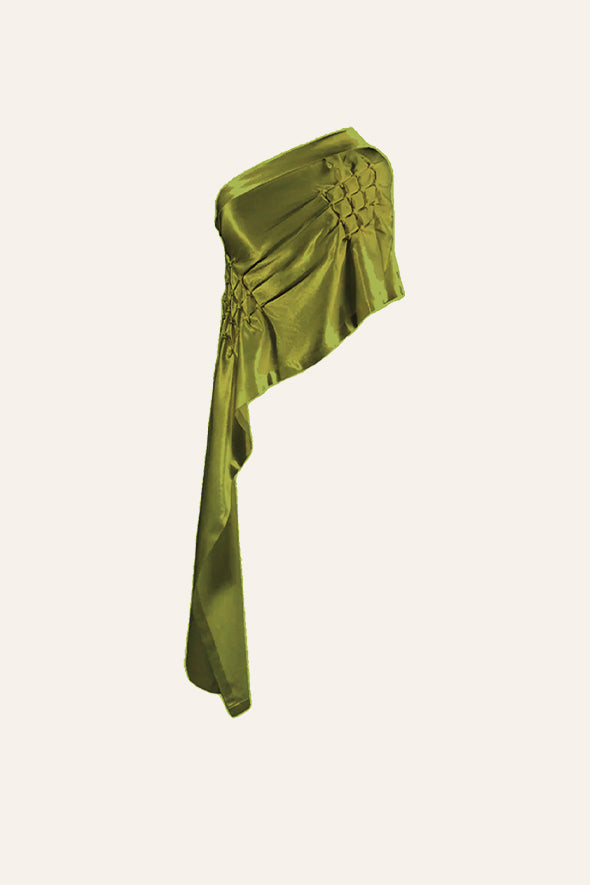 Mashru hand embroidered draped off shoulder, asymmetric top in olive green from Aroka.