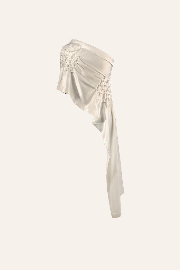 Mashru hand embroidered draped off shoulder, asymmetric top in off-white from Aroka.