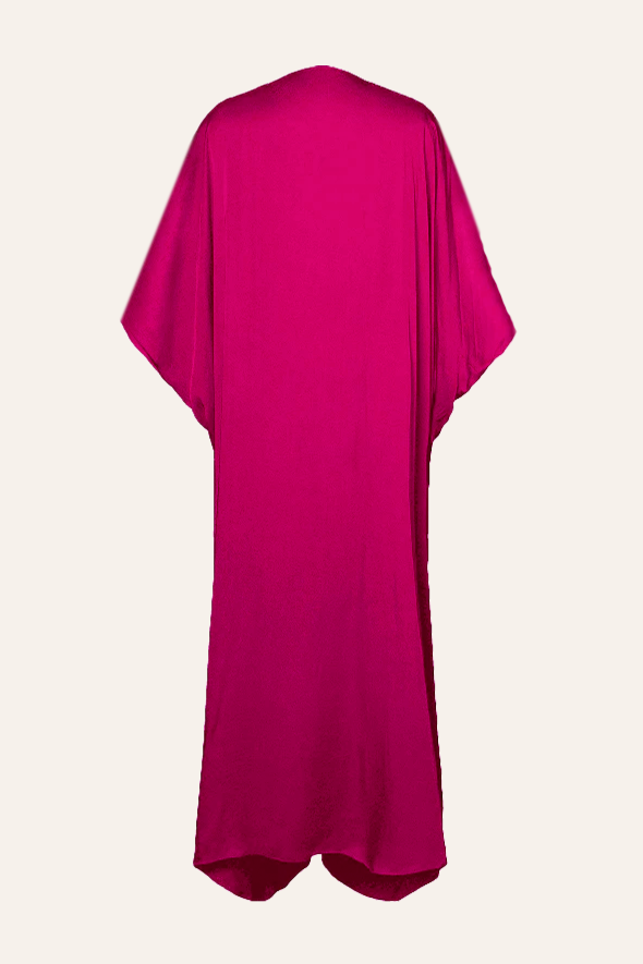 Comfortable modal satin Ruched V-neckline Kaftan Dress in Hot Pink from Aroka