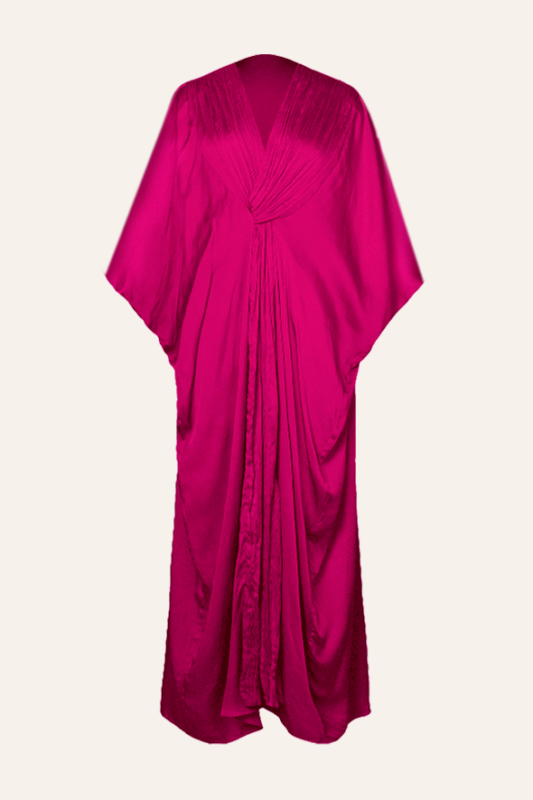 Comfortable modal satin Ruched V-neckline Kaftan Dress in Hot Pink from Aroka