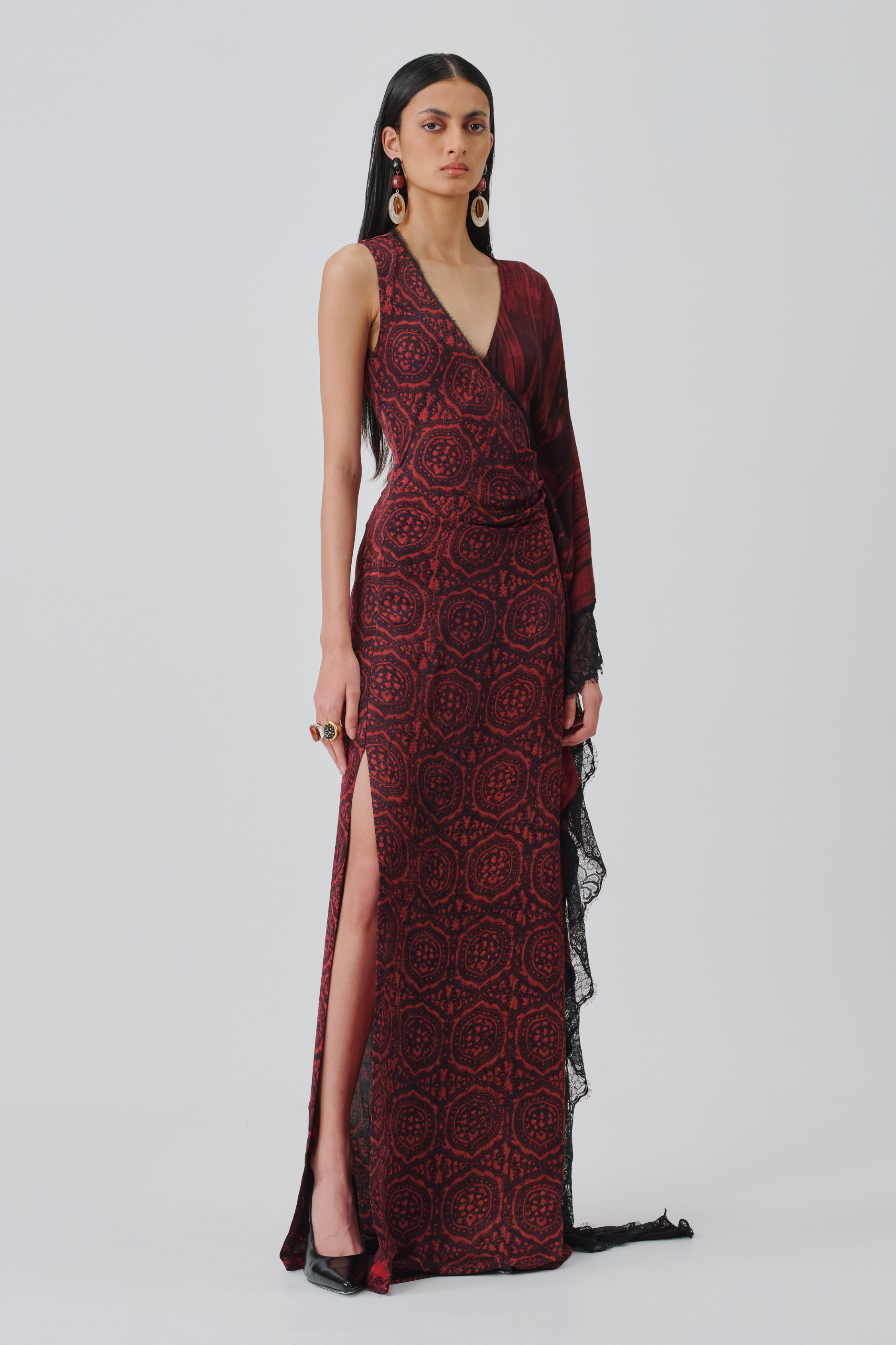 Model wearing rhea ajrakh dress, showcasing the full view