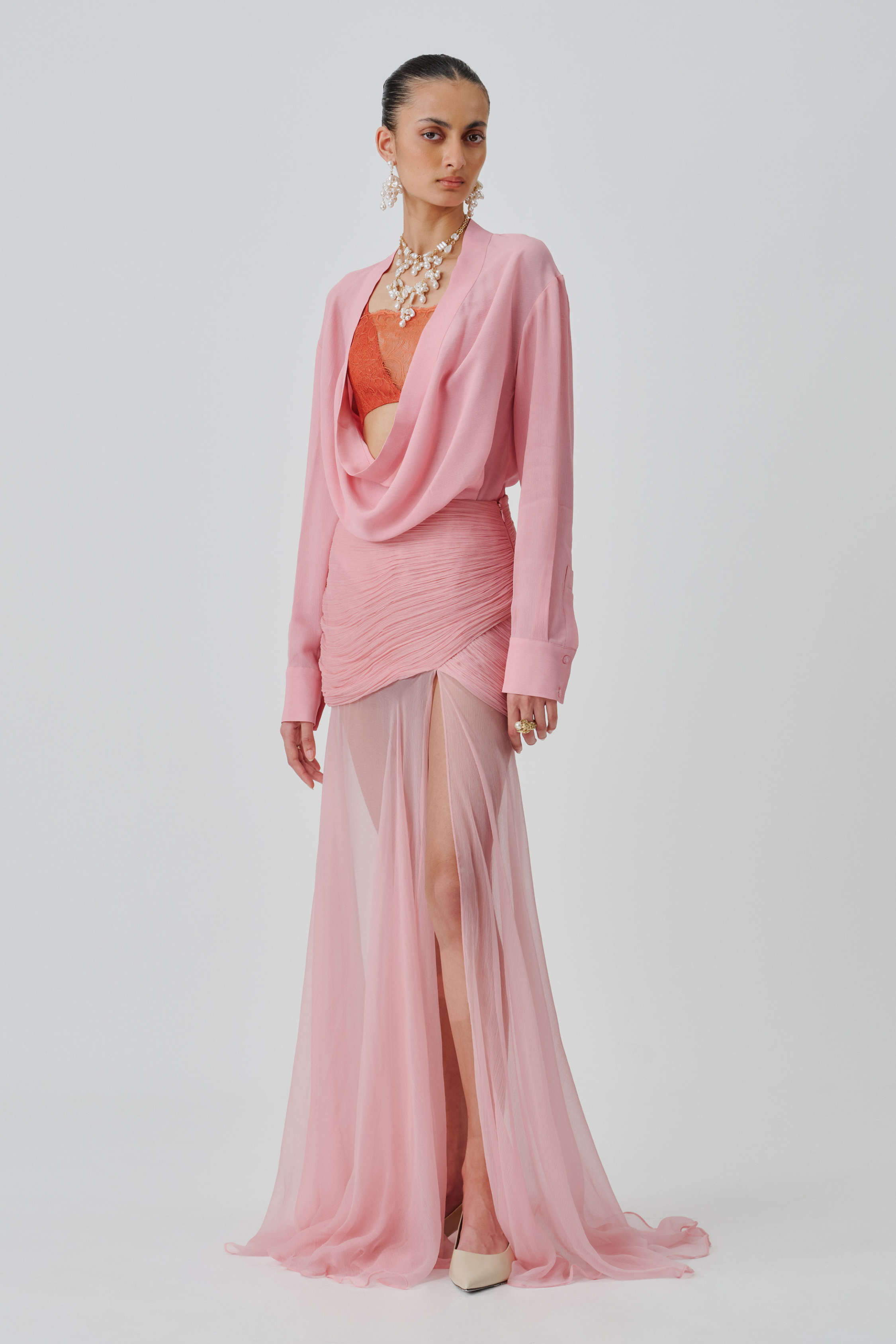 Model wearing rosaria set, showcasing the full view