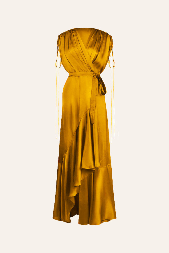 Mustard modal satin overlap drape dress with ruffled hem and drawstring on shoulders from Aroka