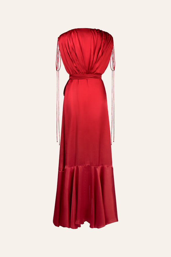 Red modal satin overlap drape dress with ruffled hem and drawstring on shoulders from Aroka