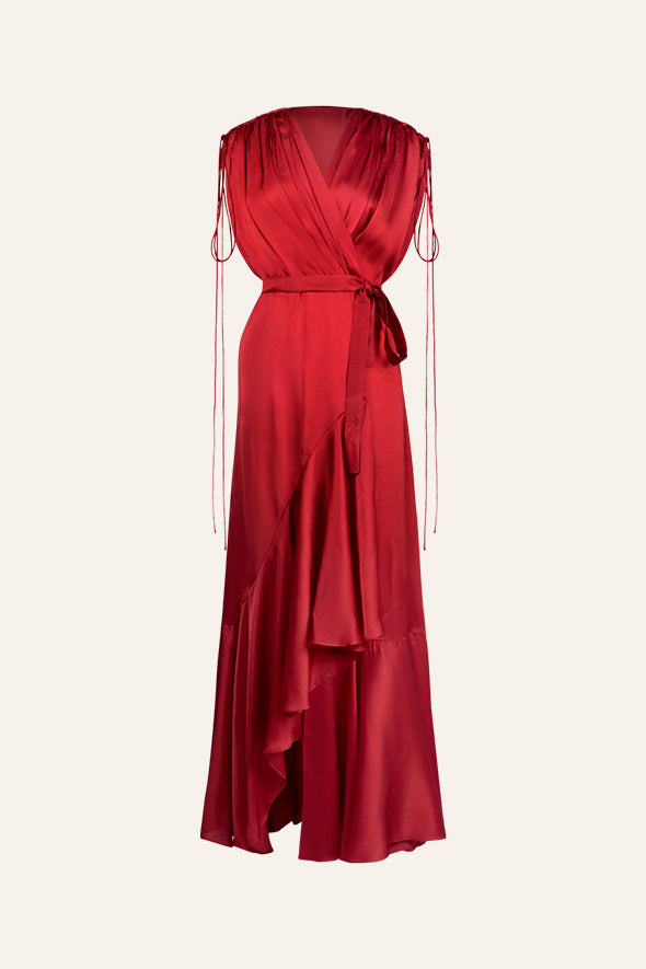 Red modal satin overlap drape dress with ruffled hem and drawstring on shoulders from Aroka