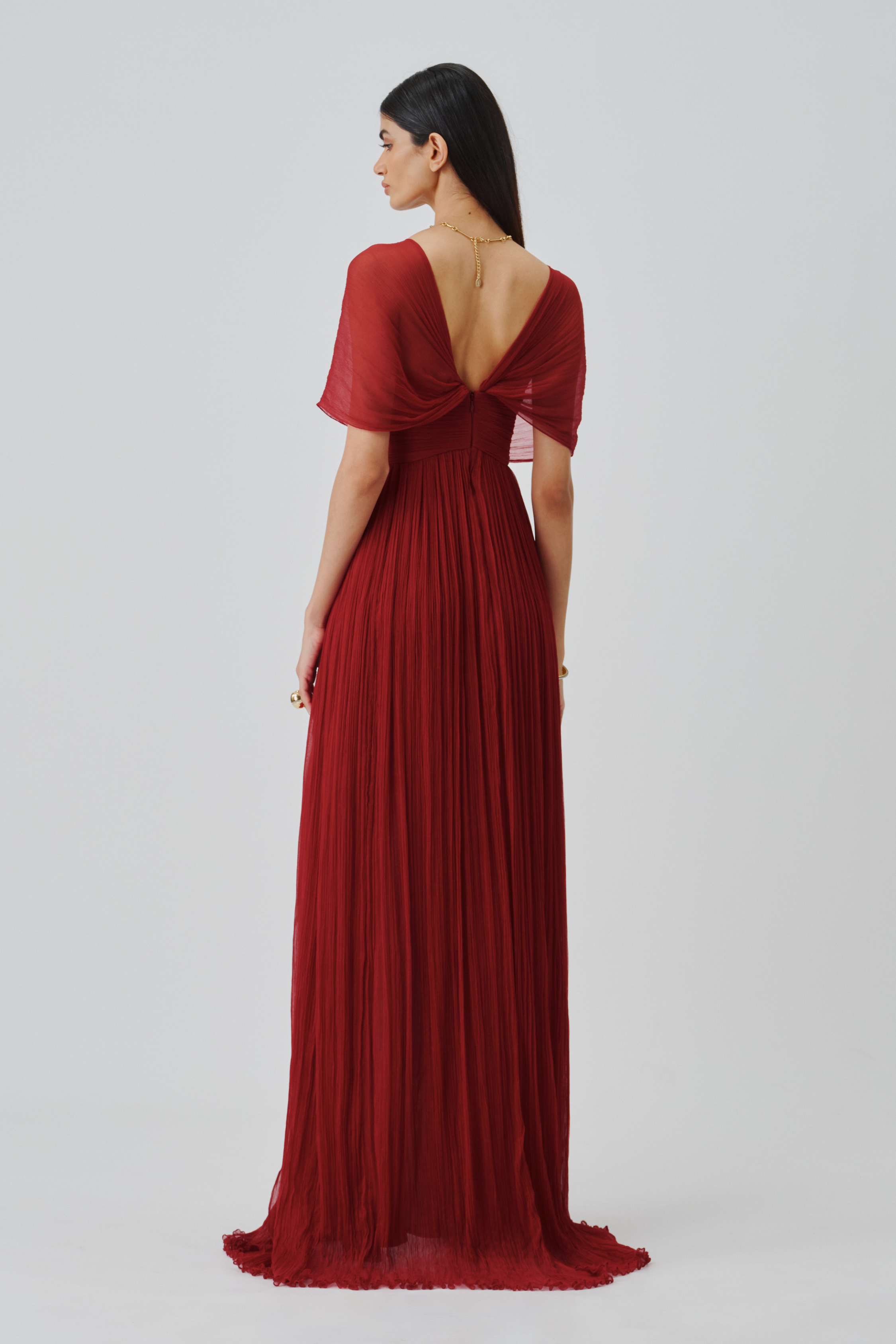 Full back view of scarlet muse ruched gown