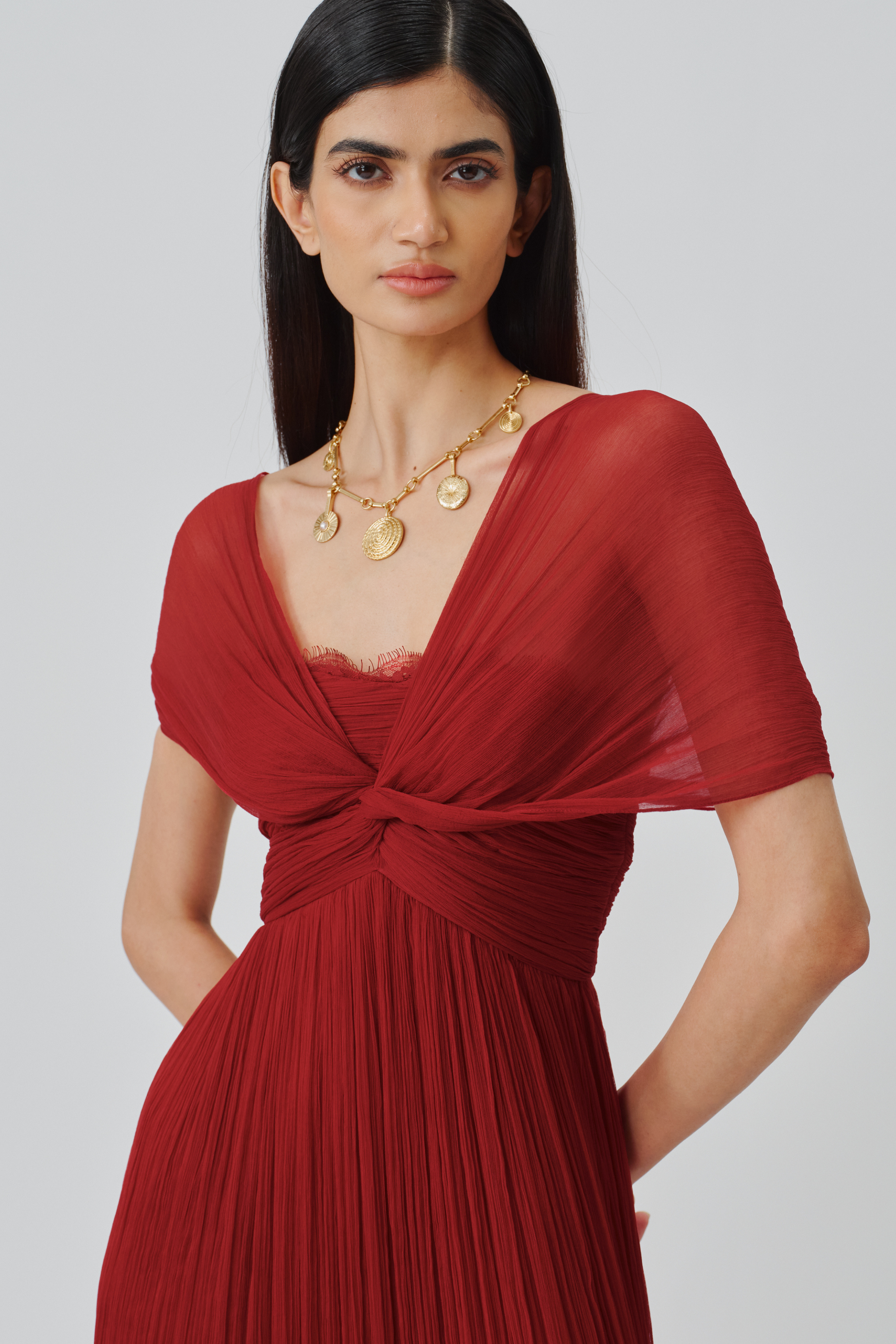 Close-up front view of the Scarlet Muse ruched gown top