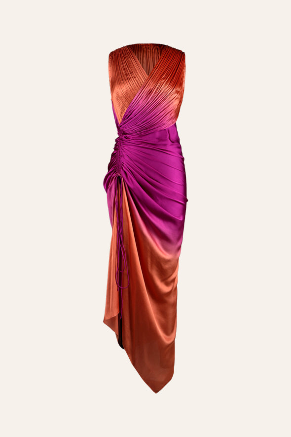Ombre pink sleeveless ruched dress detailed with drawstrings from Aroka.