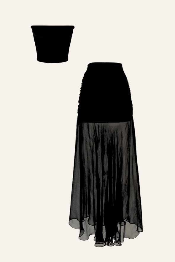 Black viscose lycra satin tube top with Wrinkle chiffon paired with Viscose Lycra Satin Skirt from Aroka.