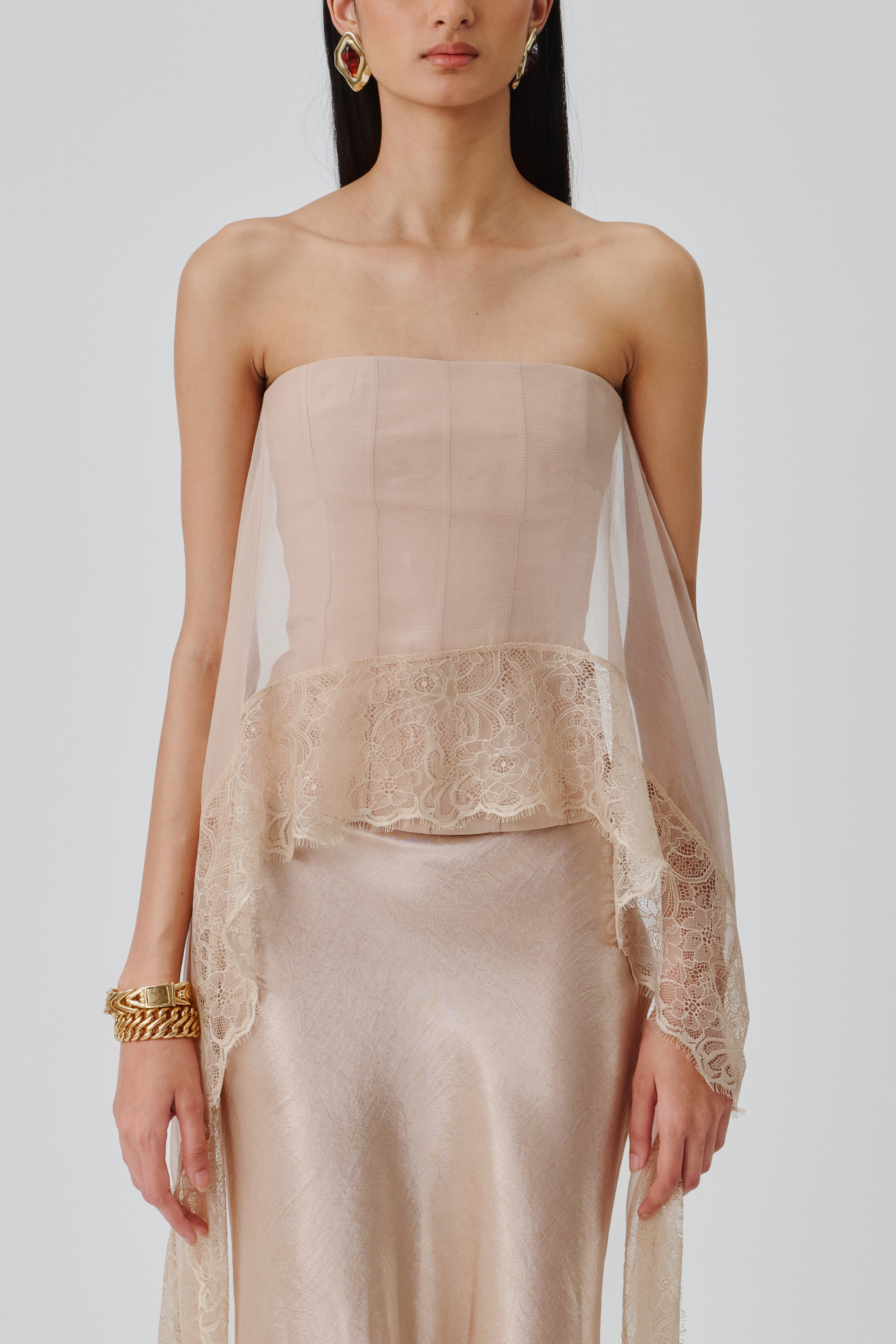 Front view of soft veil whisper corset top